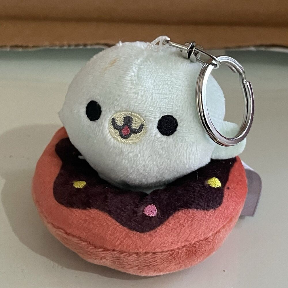 San-X Mamegoma X Doughnuts Donut Keychain Plush Pink Seal in blue frosted